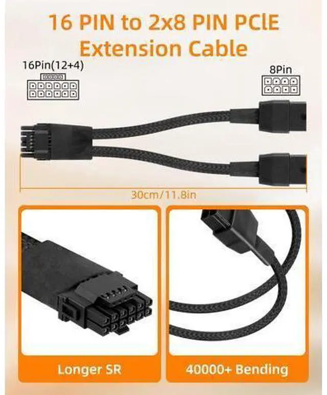 Alt view image 2 of 7 - Vszerda 16AWG PCIE 5.0 GPU Power Extension Cable,12VHPWR 16 Pin(12+4) GPU Male to 2 X 8Pin PCIE Female Splitter Power Sleeved Cable for 16Pin(12+4) GPU,RTX 40/50 Series Graphics Cards(0.3M/0.98FT)