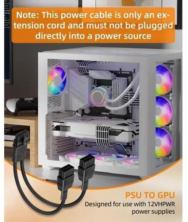 Alt view image 5 of 7 - Vszerda 16AWG PCIE 5.0 GPU Power Extension Cable,12VHPWR 16 Pin(12+4) GPU Male to 2 X 8Pin PCIE Female Splitter Power Sleeved Cable for 16Pin(12+4) GPU,RTX 40/50 Series Graphics Cards(0.3M/0.98FT)