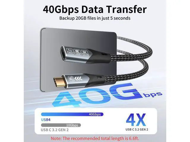Alt view image 2 of 7 - Vszerda USB-c Extension Cable Long6.6FT Compatible with Thunderbolt 4 Extension Cable high Speed 40Gbps Data Transfer, USB c Male to Female, 8K Display/Video 100W, for Docking Station