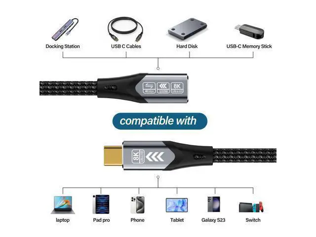 Alt view image 6 of 7 - Vszerda USB-c Extension Cable Long6.6FT Compatible with Thunderbolt 4 Extension Cable high Speed 40Gbps Data Transfer, USB c Male to Female, 8K Display/Video 100W, for Docking Station