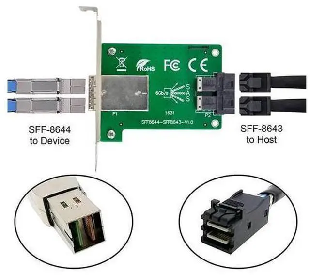 Alt view image 6 of 7 - Vszerda Dual Ports Mini SAS HD SFF-8644 to Internal SAS HD SFF-8643 PCBA Female Adapter with Low Profile Bracket