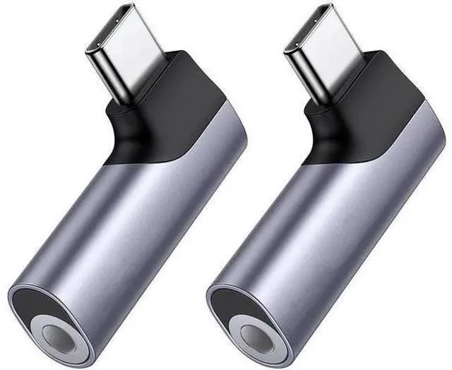 Main image of Vszerd 2 Pack USB C to 3.5mm Audio Adapter Type C Aux Headphone Jack DAC Stereo Mic HiFi Right Angle Dongle Compatible with iPhone 17 16 15 Pro Max/16 15 Plus, iPad Pro, Galaxy S25 Ultra Pixel 9, Gray