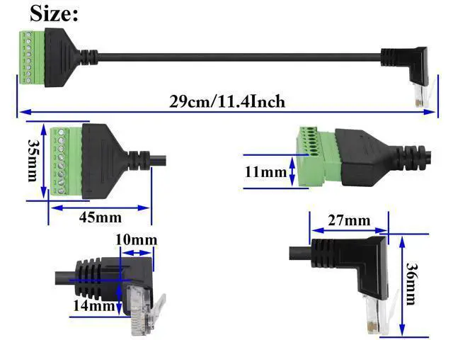 Alt view image 2 of 7 - Vszerda RJ45 Screw Terminal Adapter Cable,90 Degree (Up Bend) RJ45 Male to 8-Pin Screw Block Terminal Connector Extender for Cat5/6/7 Ethernet Extender AV CCTV DVR Network Adapter.(2Pack/30cm-UP)