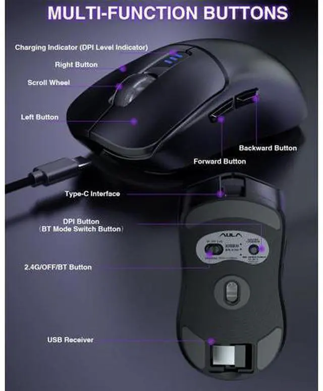 Alt view image 5 of 14 - Vszerda SC580 Wireless Gaming Mouse, Tri-Mode 2.4G/BT5.0/USB-C Gaming Mouse, 12000 DPI Rechargeable Wireless Mouse with 6 Programmable Buttons, Ergonomic Computer Mouse for Laptop/PC/Mac/Tablet