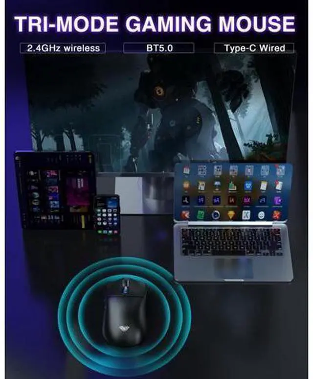 Alt view image 3 of 14 - Vszerda SC580 Wireless Gaming Mouse, Tri-Mode 2.4G/BT5.0/USB-C Gaming Mouse, 12000 DPI Rechargeable Wireless Mouse with 6 Programmable Buttons, Ergonomic Computer Mouse for Laptop/PC/Mac/Tablet