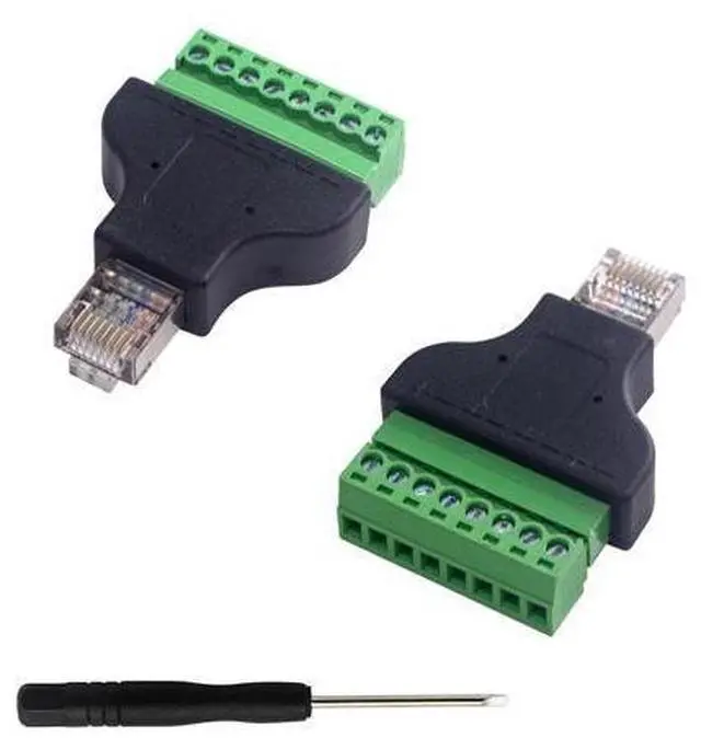 Main image of Vszerda RJ45 Screw Terminal Adapter 2-Pack, Network Ethernet Adapter, RJ45 Breakout Board 8p8c Male to 8 Pin AV Terminal Screw Converter Block Plug for CCTV, Cat5, Cat6