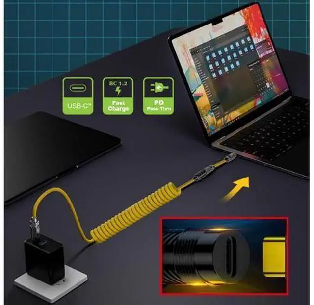 Alt view image 2 of 14 - Vszerda Stretch Coiled Silicone 140W USB-C USB4 Cable 20Gbps 8K Type-C Male to Male Cable Power & Data for Gaming Keyboard Mouse 1.8m/6ft