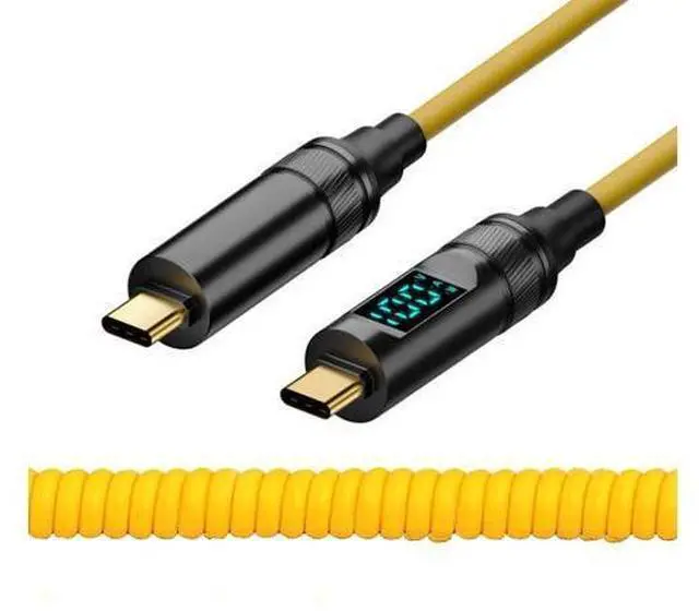 Main image of Vszerda Stretch Coiled USB-C USB4 Cable with Smart LED Display 20Gbps 100W 8K for Laptop Disk Phone Type-C Male to Male Cable Power & Data 180cm