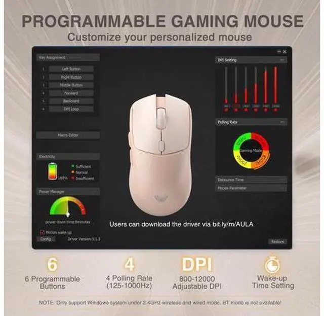 Alt view image 6 of 7 - SC580X Wireless Gaming Mouse, Tri-Mode 2.4G/BT5.0/USB-C Gaming Mice with 12000 DPI, 6 Programmable Buttons, Rechargeable Computer Mouse for Laptop/PC/Mac/Tablet