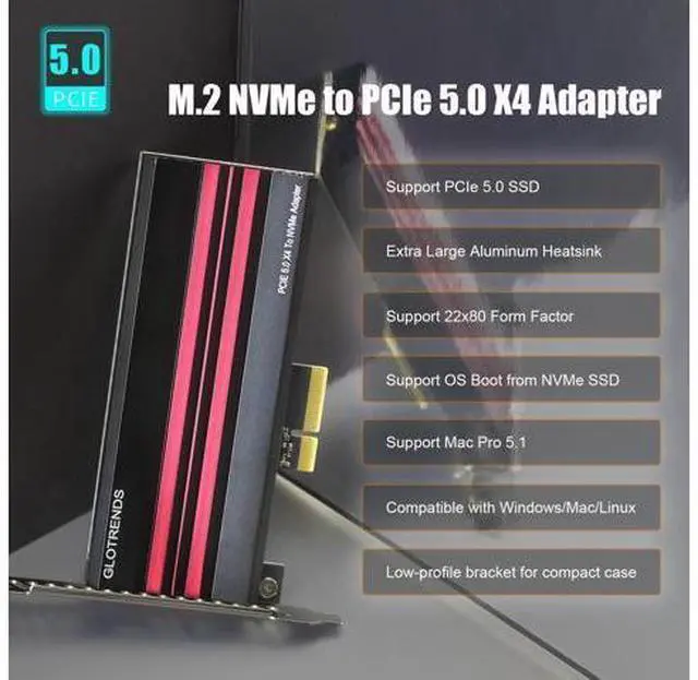 Alt view image 2 of 14 - Vszerda PA19 M.2 NVMe to PCIe 5.0 X4 Adapter for M.2 NVMe SSD, Large Aluminum Heatsink Cover, Regular and Low-Profile Bracket