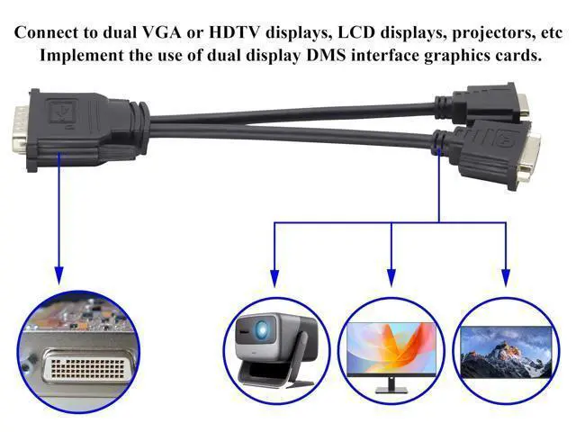 Alt view image 7 of 14 - Vszerda DMS-59 to DVI Splitter Cable Connector for Dual Monitor Setups or as a DVI Adapter Y Cord Dongle-10inch