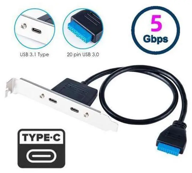 Alt view image 7 of 7 - Vszerda USB3.0 Motherboard 19/20Pin to Dual Ports Type-C USB-C Female PCI-E Back Panel 5Gbps High Speed Data Cable for Motherboards Computer 50cm