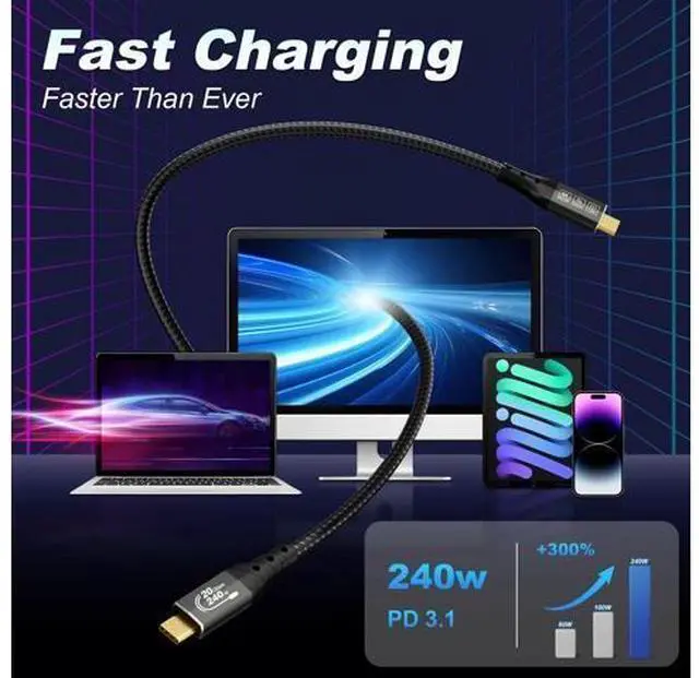 Alt view image 4 of 7 - Vszerda USB C Data Cable 3.3FT, USB C 3.2 20Gbps Data Transfer, 8K@30Hz, 4K@60Hz/ 144Hz USBC to USBC Video Cable, 240W Fast Charge Type C for Thunderbolt 4, iPhone16, MacBook Pro, SSD, XPS (1m)