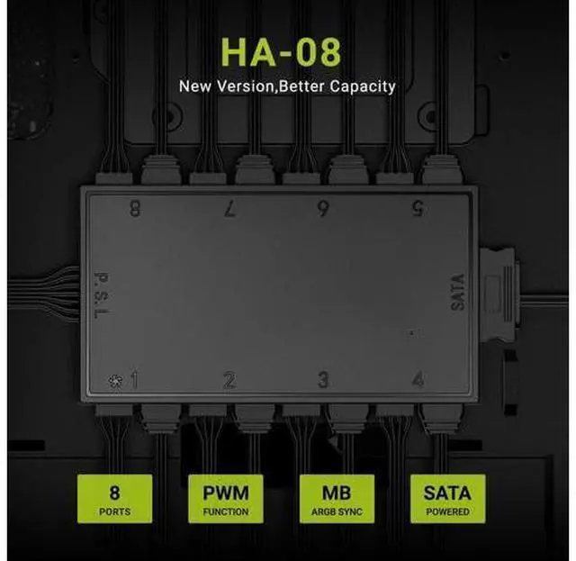 Alt view image 6 of 7 - ID-COOLING HA-08 Fan Hub for Computer Internal Fans, 8 PWM Ports+8 ARGB Ports, ARGB Motherboard Sync, SATA Powered PWM Functional Fan Adapter