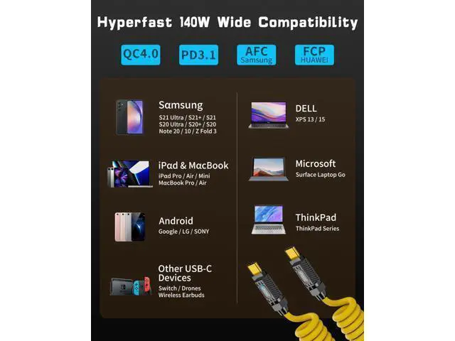 Alt view image 6 of 6 - Vszerda Coiled USB C to USB C Cable 140W, 20Gbps Spring Coiled USB Type C Charger Cable, 8K@60Hz Video Transfer Type C Fast Charging Cord for iPhone,MacBook,Max Stretched 5ft