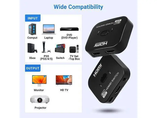 Alt view image 5 of 6 - Vszerda 8K HDMI Switch Splitter 2 in 1 Out, Bi-Directional Switcher Support 48Gbps 4K@120Hz 8K@60Hz 4K@144Hz for PS5/PS4,HDTV,Xbox,Fire Stick