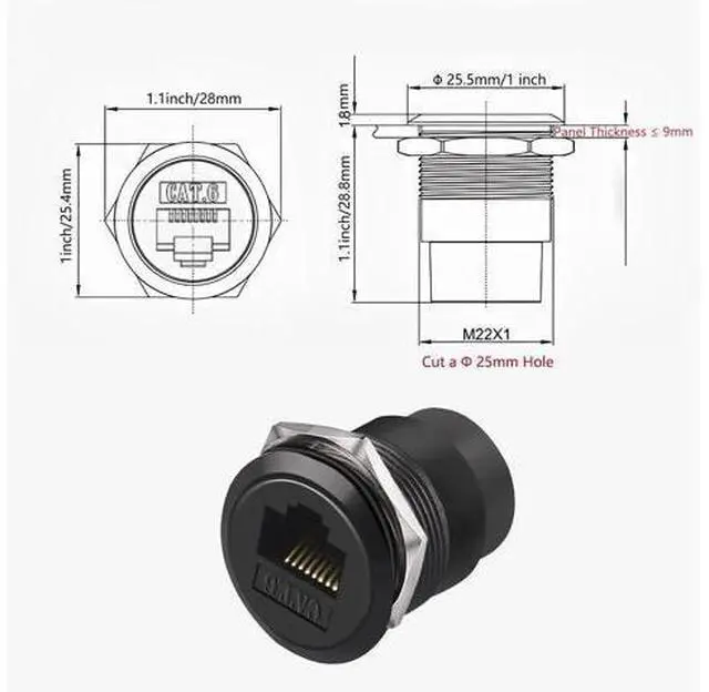 Alt view image 6 of 6 - Vszerda RJ45 CAT6 Panel Mount Adapter Female-to-Female Ethernet Pass-Through Connector, 10 Gbps Bulkhead Interface Adapter, XLR/D-Panel Mountable with Waterproof & Dustproof Cover (5-Pack Black)