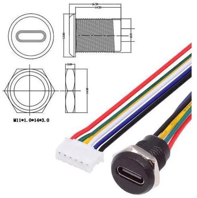 Alt view image 2 of 7 - Vszerda 5pcs DIY OEM Type C Female Socket to 6Pin Header 24AWG Pitch=2.0mm Panel Mount DC 5V/20V PD Power Cable