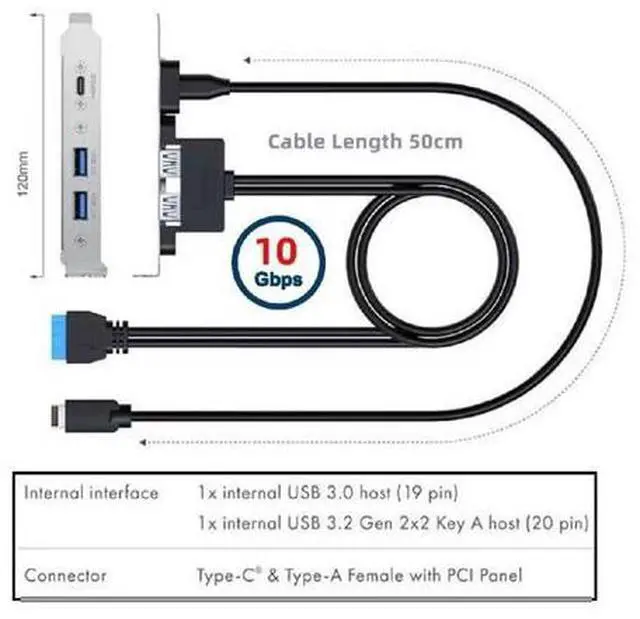 Alt view image 4 of 7 - Vszerda 10Gbps Motherboard 19/20Pin USB3.0 & Type-E to USB-C Type-C & USB 3.0 Dual Ports Female PCI-E Back Panel 5Gbps Cable 50cm