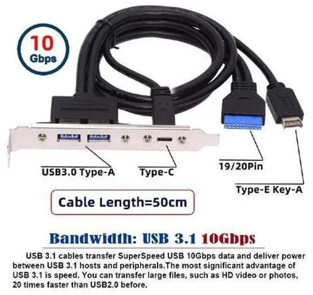 Alt view image 5 of 7 - Vszerda 10Gbps Motherboard 19/20Pin USB3.0 & Type-E to USB-C Type-C & USB 3.0 Dual Ports Female PCI-E Back Panel 5Gbps Cable 50cm