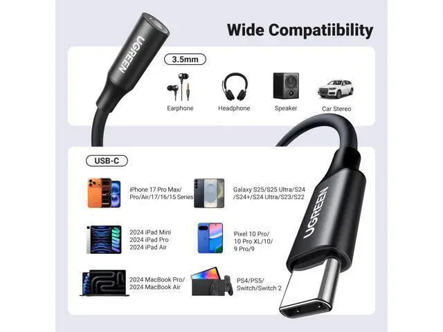 Alt view image 7 of 7 - UGREEN USB C to 3.5mm Audio Adapter Type C to Headphone Aux Jack Dongle 24bit/96kHz HiFi DAC Cable Cord Compatible with iPhone 17 16 Pro Max/16 Plus, iPad, Galaxy S25 S24 Ultra, Pixel 10, Black