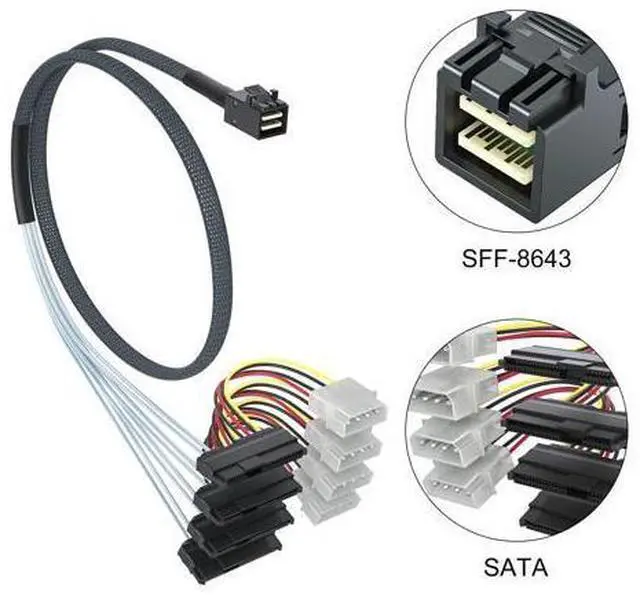 Alt view image 2 of 7 - Vszerda Internal Mini SAS HD SFF-8643 to 4xSFF-8482 Fan-Out SAS Cable with IDE Molex SATA Power for Raid Controller to Hard Drive, 12Gb/s, 1-m(3.3 ft)