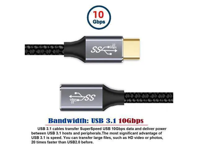 Alt view image 4 of 14 - Vszerda Straight USB-C USB 3.1 Type C Male to Female Extension Data Cable 10Gbps 100W with Sleeve for Laptop 3.0m