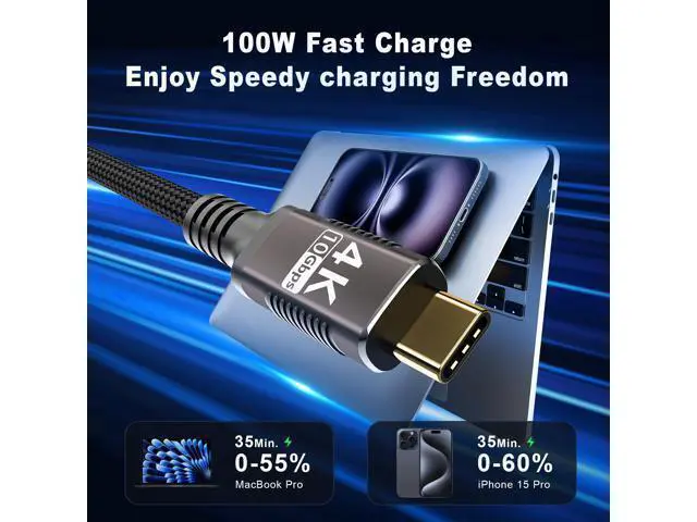 Alt view image 2 of 7 - Vszerda USB C Cable 6.6ft 2-Pack Compatible with Thunderbolt 3,UsbC 3.1 gen 1 Cable 10Gbps Data Transfer,4K@60Hz/2K@120Hz Video Output Monitor Cord,Type-C Nylon Braided 100W Fast Charging.