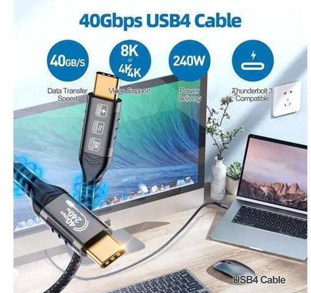 Alt view image 3 of 7 - Vszerda USB4 Cable 5ft - 240W Charging (40Gbps, 240W, 8K Video), Compatible with Thunderbolt 4/3 USB C to USB C for MacBook, iPad Pro, iPhone 15, Dock, Hub