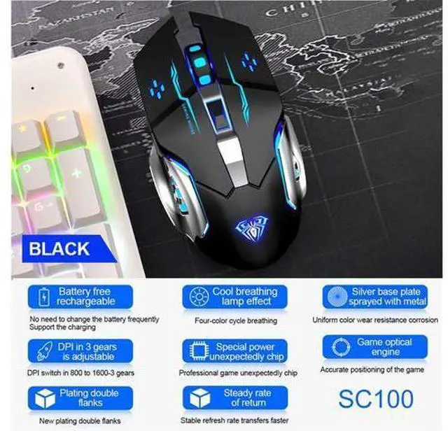 Alt view image 6 of 7 - Vszerda SC100 Silent Wireless Gaming Mouse Rechargeable, with Side Buttons, LED Backlit, DPI Adjustable, 2.4G Wireless Optical Computer Mice Punk Cool Mouse for Games/Work (Black)