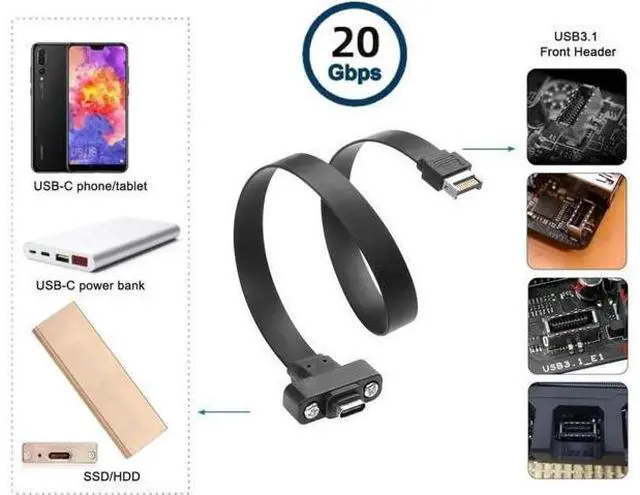 Alt view image 6 of 14 - Vszerda 20Gbps USB 3.2 Gen 2x2 USB-C Adapter Flat Cable, Internal USB 3.2 20-Pin Type-E
