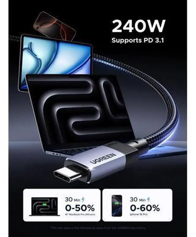 Alt view image 4 of 7 - UGREEN 240W USB C Cable, 40Gbps USB C to USB C Cable USB4.0 GEN3 8K 60Hz PD 3.1 Video Cable Compatible with USB C Monitors, Hubs, Docks, MacBook Air, iPhone 17/16 Pro Max, Galaxy S25/S24 Ultra, 3.3FT