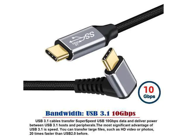 Alt view image 5 of 7 - Vszerda 90 Degree Down & Up Angled Type-C USB-C Male to Male USB3.1 10Gbps 100W Data Cable for Laptop Phone 3M