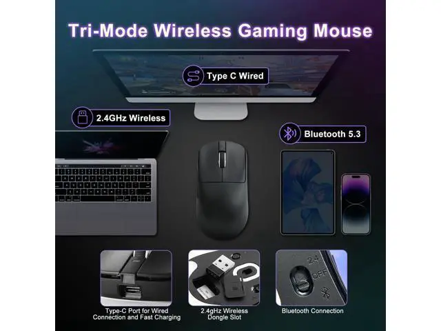 Alt view image 4 of 7 - Vszerda R1 SE+ Gaming Mouse, 18000 DPI, High-Precision PAW3395 SE Sensor,55g Lightweight, Tri-Mode 2.4G/BT5.0/USB-C Wireless Mouse, Programmable Ergonomic Mouse Suitable for Laptops/PC/Mac (Black)