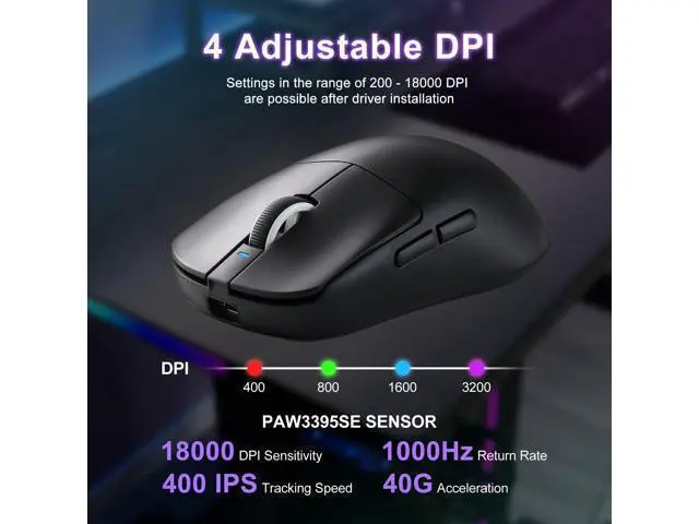 Alt view image 3 of 7 - Vszerda R1 SE+ Gaming Mouse, 18000 DPI, High-Precision PAW3395 SE Sensor,55g Lightweight, Tri-Mode 2.4G/BT5.0/USB-C Wireless Mouse, Programmable Ergonomic Mouse Suitable for Laptops/PC/Mac (Black)