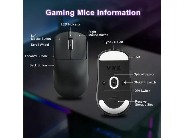 Alt view image 7 of 7 - Vszerda R1 SE+ Gaming Mouse, 18000 DPI, High-Precision PAW3395 SE Sensor,55g Lightweight, Tri-Mode 2.4G/BT5.0/USB-C Wireless Mouse, Programmable Ergonomic Mouse Suitable for Laptops/PC/Mac (Black)