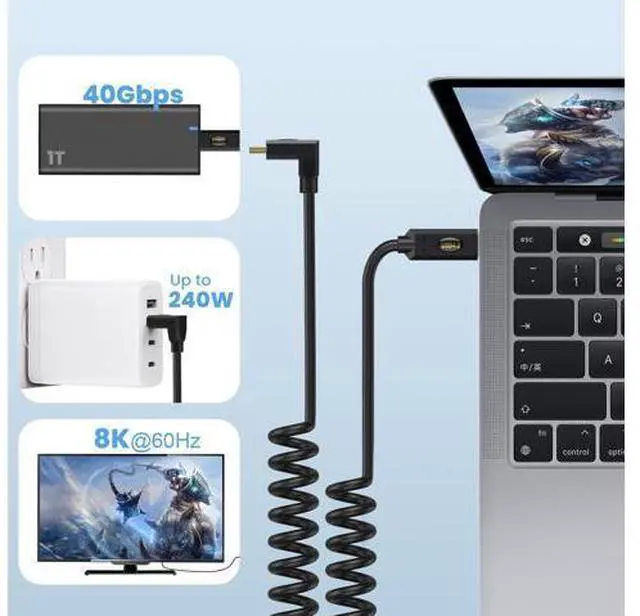 Alt view image 2 of 6 - Vszerda USB4.0 Cable Spring Coiled, USB C to USB C Cord 8K/6K @60hz 40Gbps 240W Fast Data Charging Type C Spring Spiral Cord Cables, 4FT/1.2M (Female to Female, Straight to Straight)