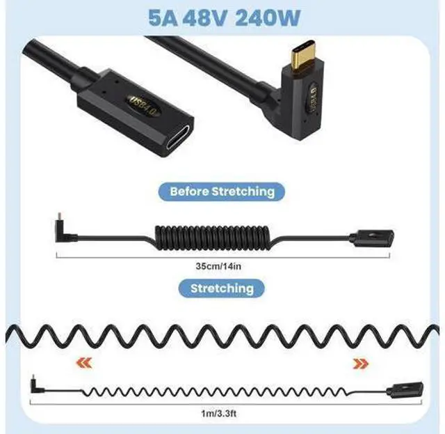 Alt view image 4 of 6 - Vszerda USB4.0 Cable Spring Coiled, USB C to USB C Cord 8K/6K @60hz 40Gbps 240W Fast Data Charging Type C Spring Spiral Cord Cables, 4FT/1.2M (Female to Female, Straight to Straight)