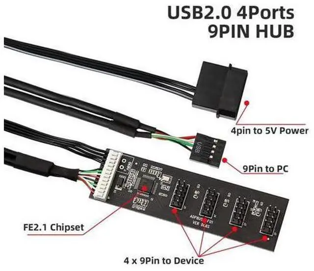 Alt view image 5 of 7 - Vszerda USB 2.0 9pin 10pin Header 1 to 4 Female Splitter Extension Cable HUB with IDE 5V Power Connector Adapter Port Multilier