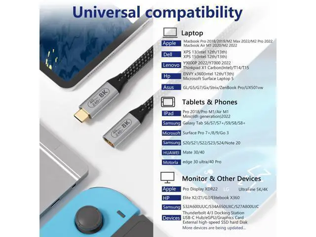 Alt view image 5 of 7 - Vszerda 6.6ft/2M USB4 Cable, USB-C Female to USB-C Male, 40Gbps Data Transfer, 8K@60Hz Video, 240W Fast Charging, Compatible with Thunderbolt 4, Laptop, Tablet, Smartphone, Monitor