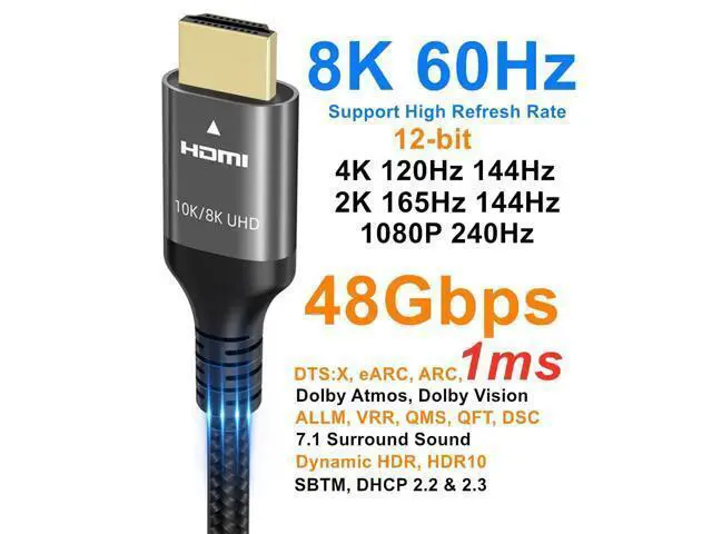 Alt view image 2 of 7 - Vszerda 10K 8K 4K HDMI Cable 48Gbps 8 FT, Certified Ultra High Speed HDMI® Cable 4K 240Hz 144Hz 120Hz 8K60Hz 0.01ms HDR10+ eARC HDCP2.3 Netflix Roku TV PC Monitor Projector PS5 X-Box