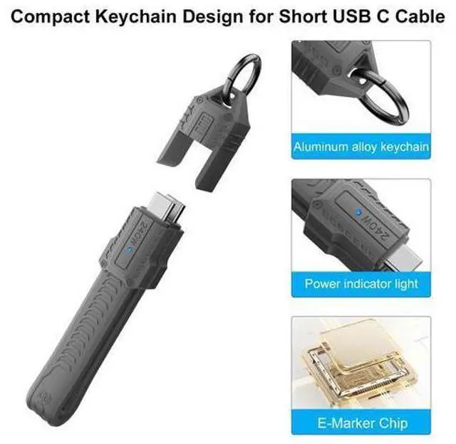 Alt view image 2 of 7 - Vszerda Short USB C Cable Keychain, 240W 5A Charging USB C Keychain Cable, 80Gbps Data Transfer, 8K 60Hz Video Display for iPhone 16 15, Laptop, External SSD, in Grey 13cm