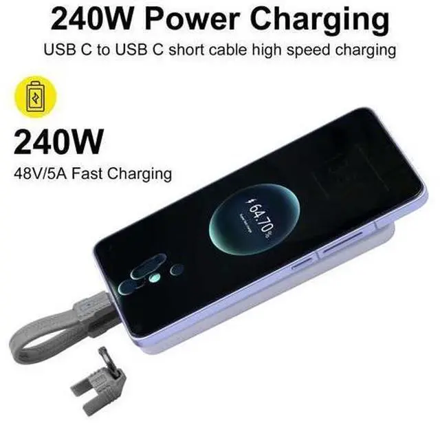Alt view image 3 of 7 - Vszerda Short USB C Cable Keychain, 240W 5A Charging USB C Keychain Cable, 80Gbps Data Transfer, 8K 60Hz Video Display for iPhone 16 15, Laptop, External SSD, in Grey 13cm