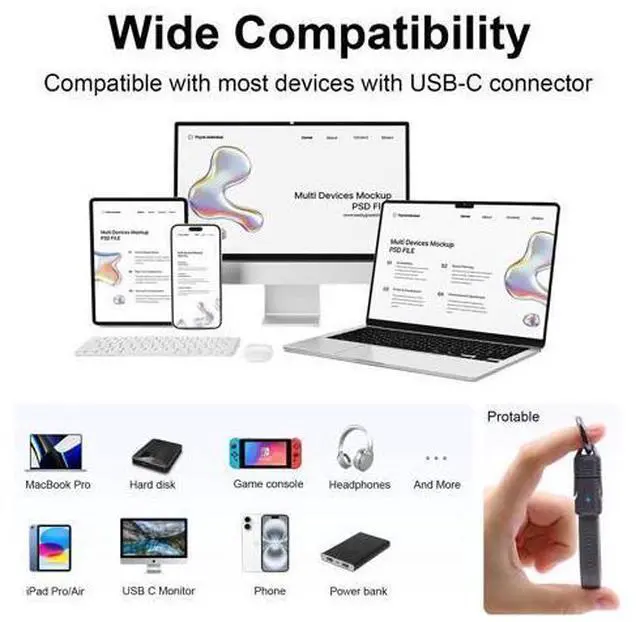 Alt view image 6 of 7 - Vszerda Short USB C Cable Keychain, 240W 5A Charging USB C Keychain Cable, 80Gbps Data Transfer, 8K 60Hz Video Display for iPhone 16 15, Laptop, External SSD, in Grey 13cm