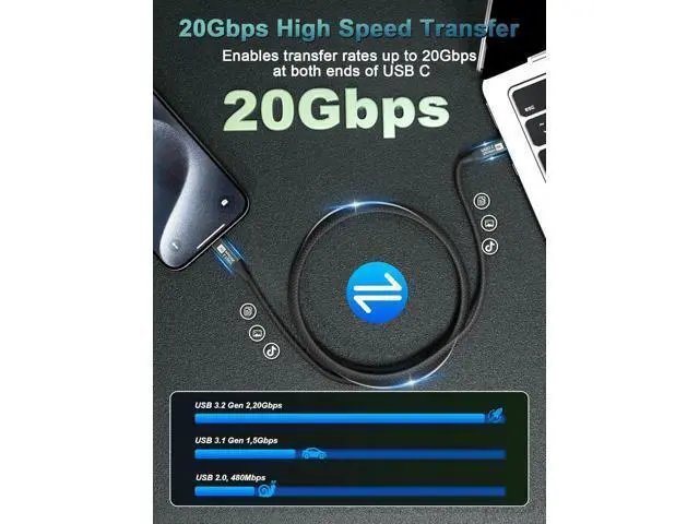 Alt view image 4 of 7 - USB C Monitor Cable 8FT-8K@60Hz USB-C Video Cable-100W PD Fast Charging-USB 3.2 Gen 2 20Gbps Type-C Data Transfer, USBC to USBC Video Cable for iPhone 17 Air 16 15 Pro Max, MacBooks, iPad, Carplay