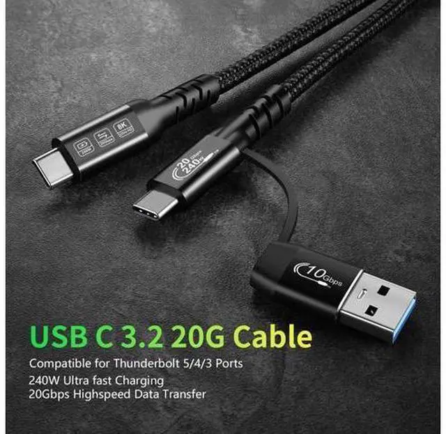 Alt view image 3 of 7 - Vszerda USB C Cable,USbC 3.2 Gen 2X2 20Gbps,Multi Functional 2in1 USB A to Type C 8K@60Hz UHD Video 5A/240W PD3.1 Fast Charge Cord Compatible with Thunderbolt 3/4 MacBook Pro Samsung (USB C 200CM)