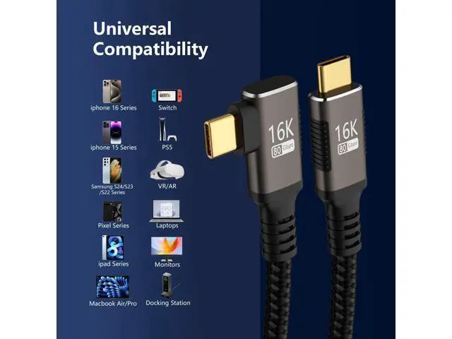 Alt view image 7 of 7 - USBC right angle Cable 6.6FT Compatible With Thunderbolt 5/4,90 degree Type C 240W Fast Charging,USB C 16K@60Hz/8K@120Hz HD Video Output for Display,USB 5/4 Cable 80Gbps Data Transfer for SSD/Dock.