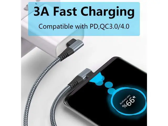Alt view image 3 of 7 - Vszerda 90 Degree USB C to USB C Cable 3M/9FT, Right Angle 60W PD Type C Fast Charging & Data Transmission Nylon Braided Cable, for Type C Devices Laptop/Tablet/Cell Phone(Gray)