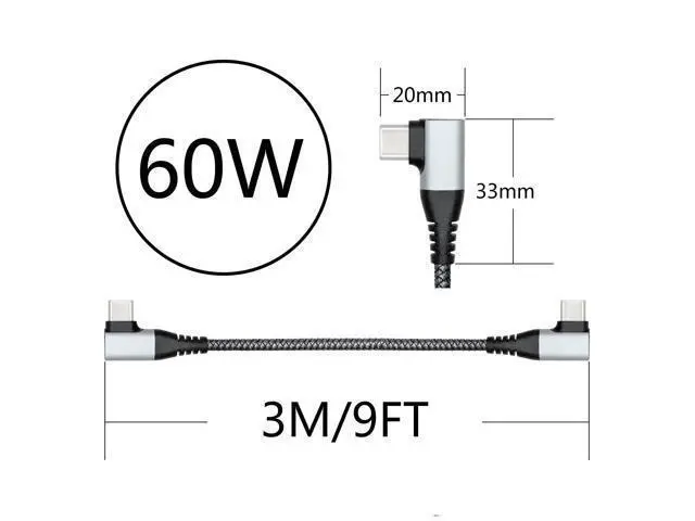 Alt view image 7 of 7 - Vszerda 90 Degree USB C to USB C Cable 3M/9FT, Right Angle 60W PD Type C Fast Charging & Data Transmission Nylon Braided Cable, for Type C Devices Laptop/Tablet/Cell Phone(Gray)