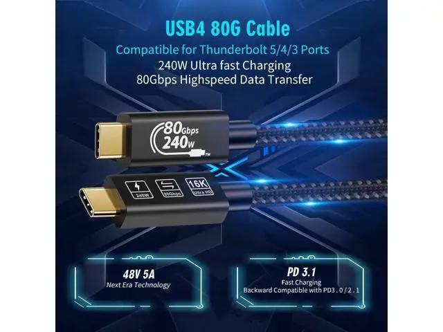 Alt view image 3 of 7 - Vszerda USB4 Cable, with Thunderbolt 5 Cable, 240 W Charging, 80 Gbps Data, gen4,16K@60Hz 4K120Hz HDR, USB C to USB C C, for Hub, Dock, M2, M3, SSD, Laptops, Monitor (TB5 80G 240W 1.5M)